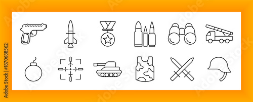 Military set icon. Pistol, missile, medal, bullets, binoculars, helmet, tank, camouflage, crossed swords, bomb, launch vehicle, and targeting crosshair outlined in minimal style.