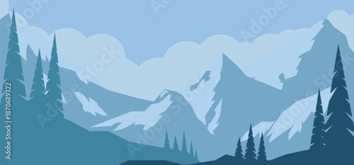 Flat vector illustration of blue majestic mountain peaks under a clear sky with soft clouds. Dark teal silhouettes of pine forests lead into a wide scenic valley.