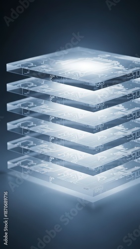 Abstract blue background with sky and rays featuring a 3d architectural glass building design for business technology concepts