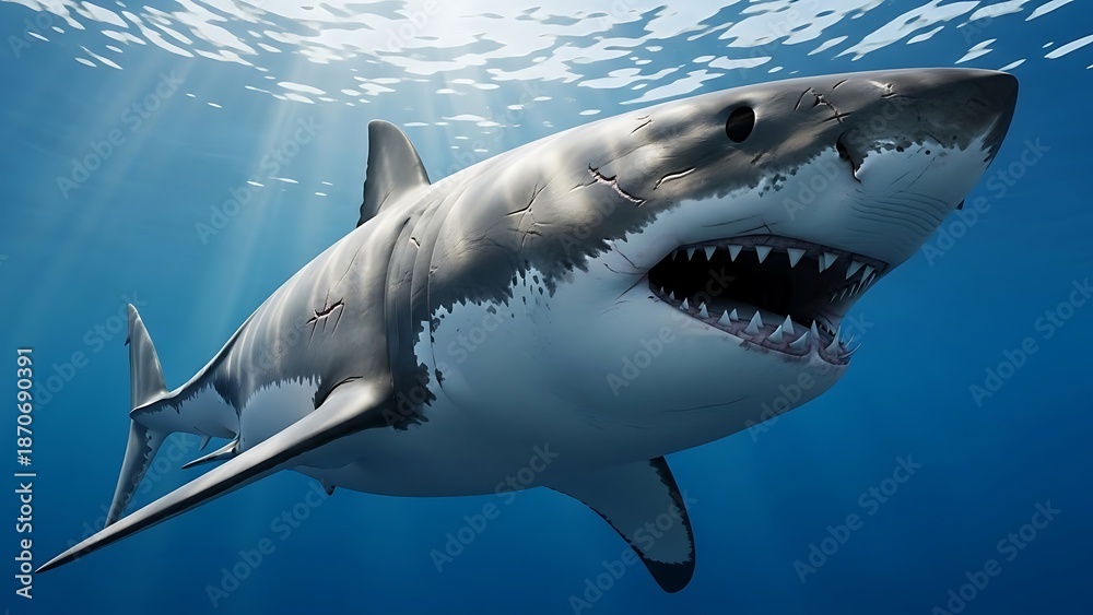 Fototapeta premium Massive Great White Shark Swimming in Deep Blue Ocean Water