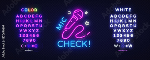 Bright karaoke mic check sign surrounded by stars and customizable glowing letters.
