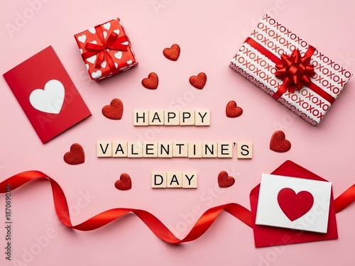 Happy Valentine’s Day Flat Lay with Gift Boxes, Red Hearts, Greeting Cards, and Ribbon on Pink Background for Romantic Celebration, Love Marketing, Social Media Post, Greeting Card Design, and Holiday