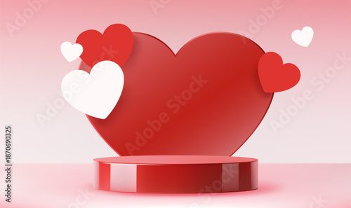 Valentine’s Day scene podium, stage pedestal or platform, with hearts on pink background in minimalist style. For promotions, romantic banners, product presentations, posts, e-commerce.