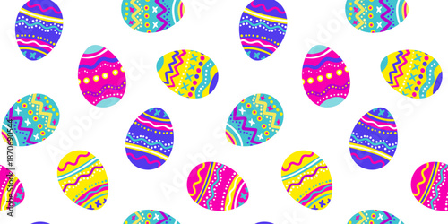 colorful easter egg pattern bright neon colors and geometric festive doodles ornaments isolated spring celebration greeting card backdrop