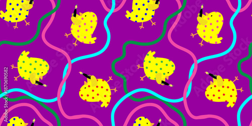 seamless pattern with cute yellow chicks in colorful polka dots painting abstract lines on vibrant purple background