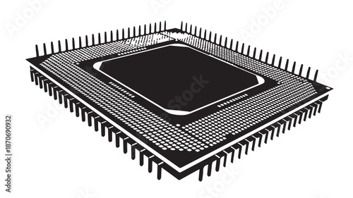 Microchip Processor in High-Contrast Monochrome on White Background with Detailed Pins for Technology Illustration