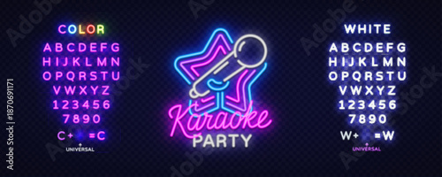 Colorful Karaoke party-themed neon image with microphone in a star and editable glowing characters.