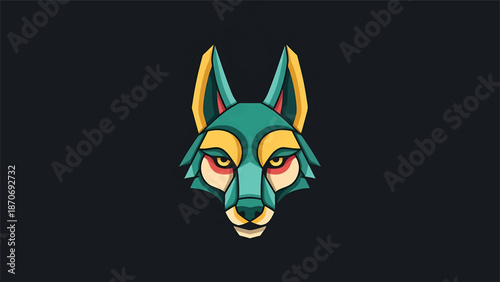 Geometric wolf head illustration with vibrant colors and sharp lines on dark background.