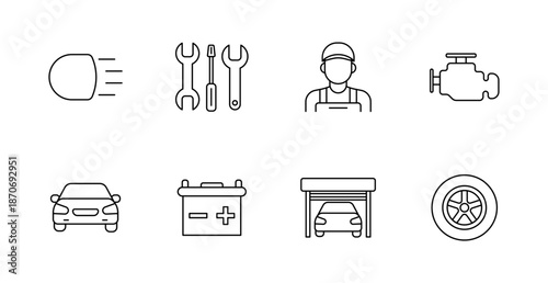 Car service set icon. Headlight, wrench, mechanic, engine, vehicle, battery, garage, wheel, auto, repair, maintenance, diagnostic, part, fix, service, transportation.