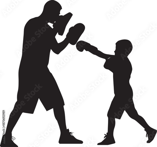 Silhouette of Father and Son Boxing, Dad Training Little Boy with Focus Mitts