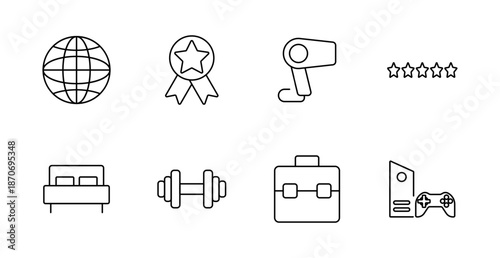 Lifestyle and leisure set icon. Globe, medal, camera, rating, bed, dumbbell, briefcase, gaming console depicted with minimal lines for travel, fitness, work, and entertainment visuals.