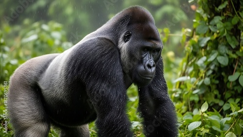 A powerful silverback gorilla stands majestically in a lush green jungle environment.