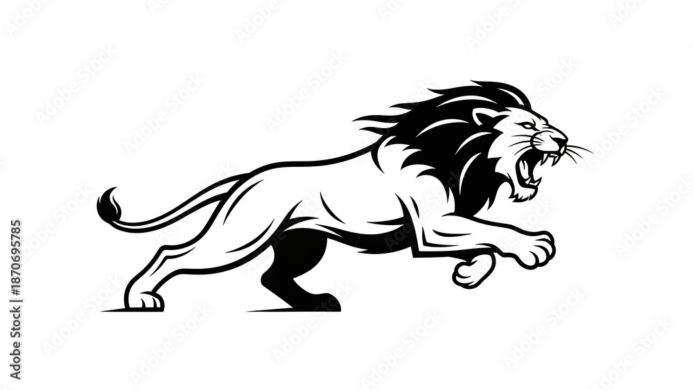 Fototapeta premium Fierce lion running with open mouth and flowing mane dynamically