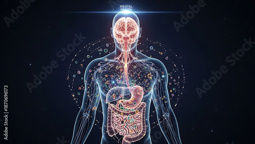 Transparent human figure illustrating the intricate gut brain axis connection with a glowing neural pathway linking the cerebral cortex to the complex digestive system and intestinal tract.