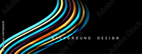 Abstract colorful lines over black background. Dynamic curves create modern visual effect. Bright shades emphasize design elements.