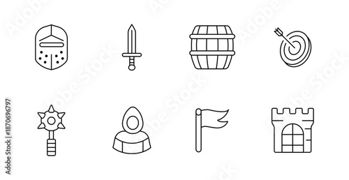 Medieval set icon. Helmet, sword, barrel, target, mace, robe, banner flag, castle rendered in minimal outline fantasy combat style.