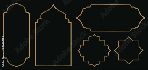 Arabic golden frames. Luxury islamic geometric windows and doors, oriental mosque architecture, modern ramadan kareem shiny frame design, retro oriental ornate borders. Vector set