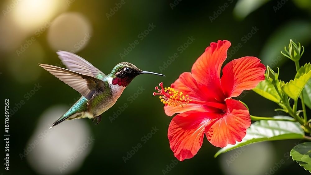Fototapeta premium A ruby-throated hummingbird hovers near a vibrant red hibiscus flower, bathed in soft sunlight.