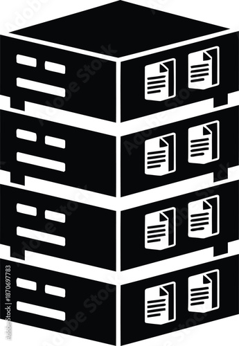 Vector art of a black server stack with multiple drawers and files in a digital environment viewed from the side