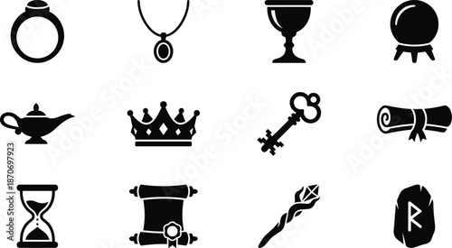 Fantasy RPG Item Icons - Magic Ring, Amulet, Potion, Crystal Ball, and Wizard Loot Vector Set
