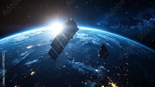 Two satellites orbiting Earth, capturing data and transmitting signals in space.