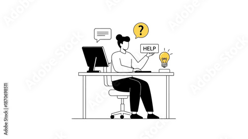 Person sitting at desk with computer and light bulb having an idea
