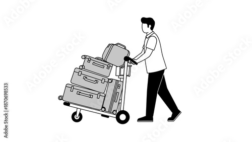 Man pushing a luggage cart with multiple suitcases and a backpack in a simple illustration style