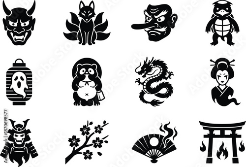 Japanese Mythology Vector Set - Oni Demon Mask, Kitsune Fox, Dragon, and Torii Gate Silhouettes
