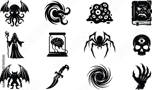 Lovecraftian Horror Vector Icons - Cthulhu, Zombie Hand, Brain in Jar, and Dark Magic Symbols

