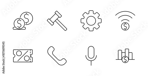Finance and telecom set icon. Coin stack, gavel, gear, wireless payment, discount ticket, phone, microphone, chart with dollar drawn in minimal style for financial technology context.