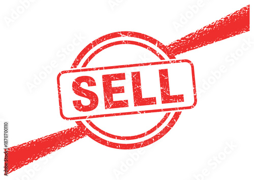 A red sell stamp with a white background and bold lettering