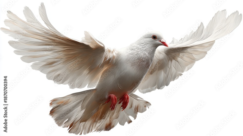Obraz premium A white bird with open wings soars through the air against a plain background. The scene captures the bird's graceful movement during daylight.