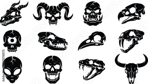 Mythical Creature Skull Silhouette Icons Set - Dragon, Demon, and Monster Bone Head Vector Illustration

