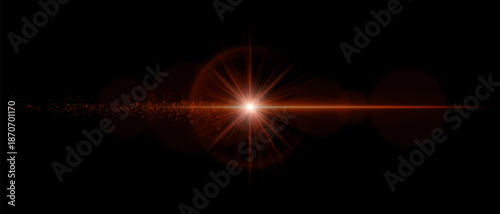 Bright horizontal lens flare with glowing reflections, soft bokeh particles, and light streak. Perfect for overlays, cinematic design, and creative visuals.
