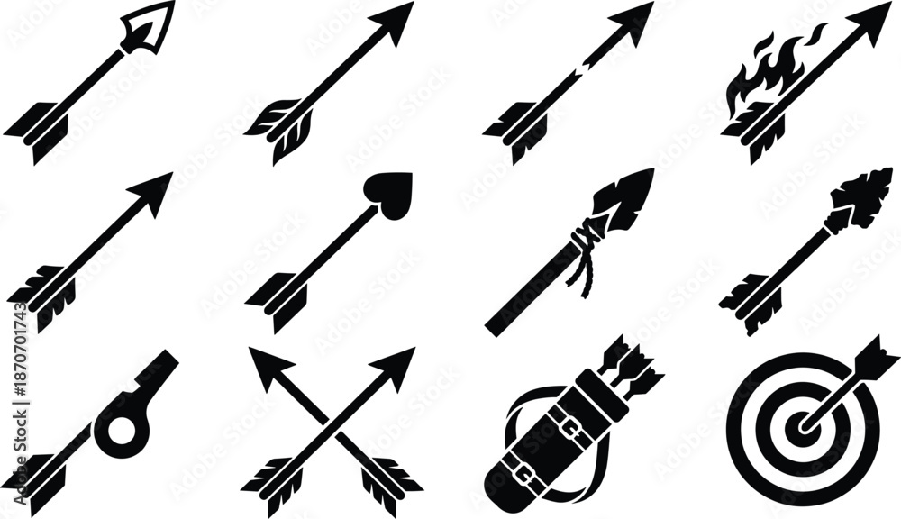 Obraz premium Tribal Arrow and Archery Silhouette Icons Set - Boho Feather, Hunting Bow, and Weapon Vector Illustration 