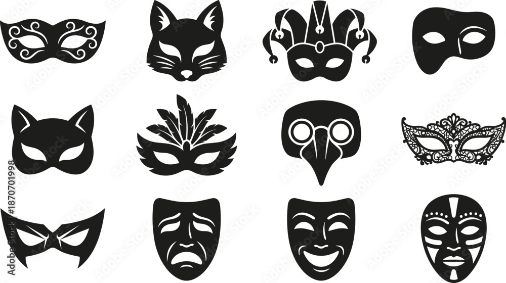 Αυτοκόλλητο Masquerade and Carnival Mask Silhouette Icons Set - Venetian Party, Mystery, and