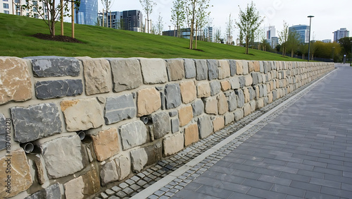 Contemporary segmented masonry stone retaining wall structure featuring integrated drainage pipe detail positioned next to modern concrete footpath within sustainable urban landscape
