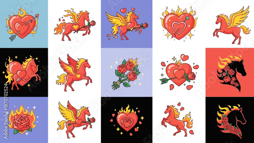 Collection of traditional tattoo designs featuring horses, hearts, and roses in various styles and backgrounds.