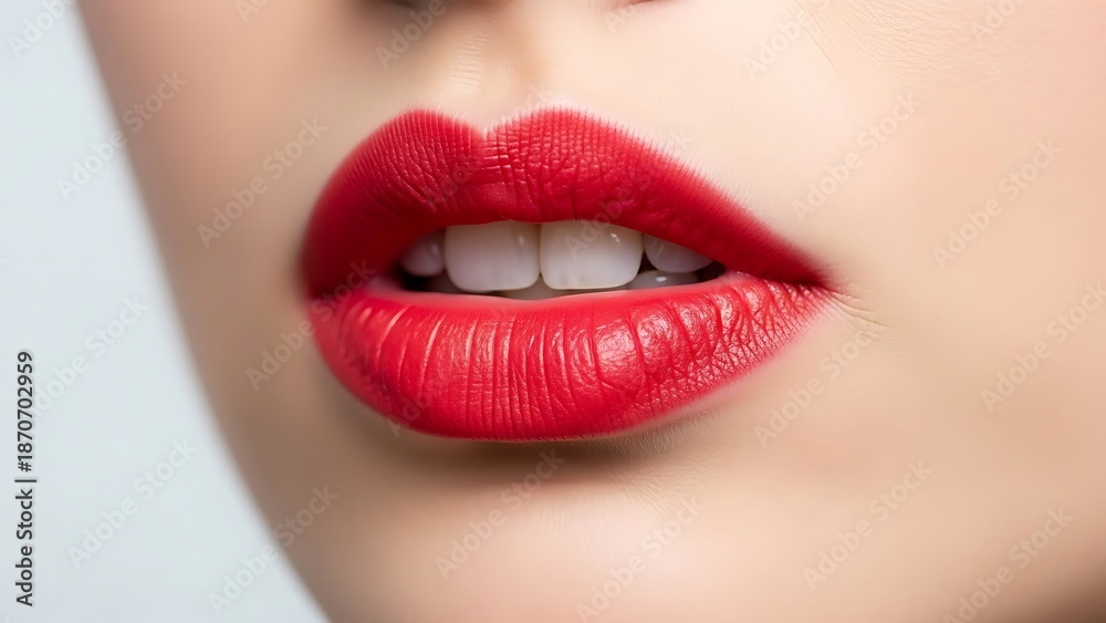 Fototapeta premium Red Lips Close-up with Glossy Finish on White Background