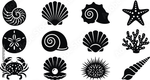 Sea Shell and Starfish Silhouette Icons Set - Ocean, Beach, and Marine Life Pattern Vector Illustration
