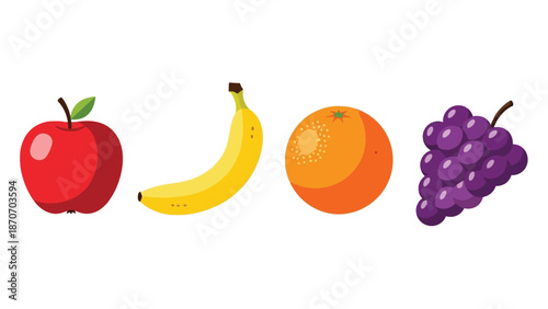 A collection of four simple colorful fruit icons showing a ripe red apple a yellow curved banana an orange citrus fruit and a bunch of purple grapes
