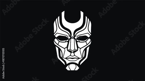 Intricate geometric mask design with sharp lines and a mysterious aura against black background.