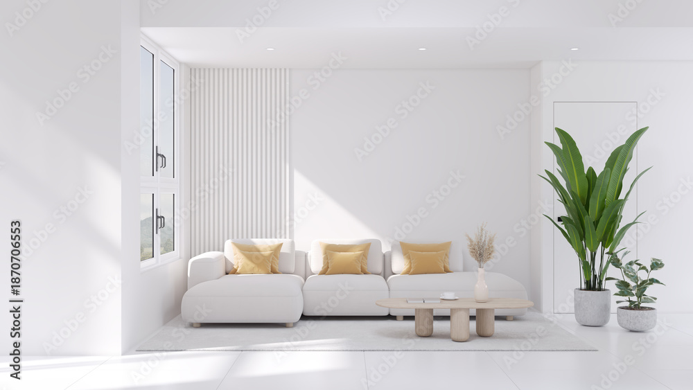 Obraz premium Modern minimal living room featuring a comfortable sofa and elegant furniture with a stylish carpet and large window ,Color of the Year 2026 Cloud Dancer ,copy space .3Drender