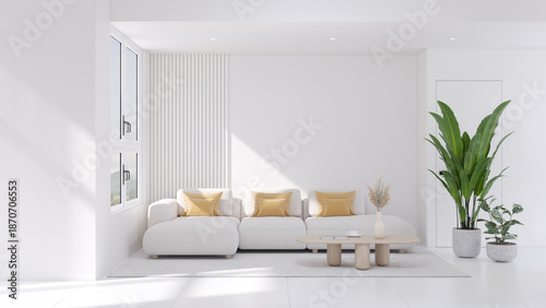 Modern minimal living room featuring a comfortable sofa and elegant furniture with a stylish carpet and large window ,Color of the Year 2026 Cloud Dancer ,copy space .3Drender