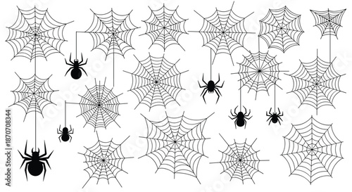 Collection of various spider webs and black spiders in different sizes and positions for spooky halloween graphics.