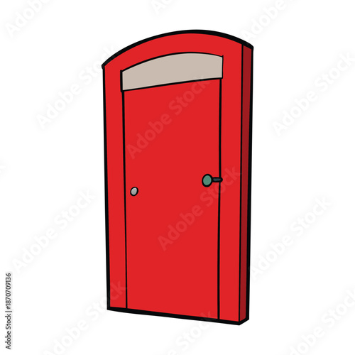 A bold red door stands against a quiet wall, symbolizing warmth and welcome, hinting at mystery and new beginnings waiting just beyond.
