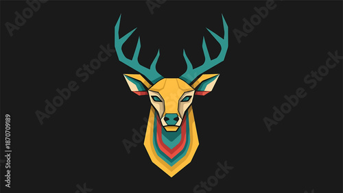 Vibrant geometric deer head illustration with colorful antlers and design.
