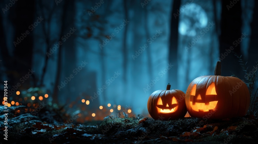 Obraz premium Two carved pumpkins sit on the ground in a dark forest. They are lit with orange light and show smiling faces. The trees surround them and the moon shines above in the night sky.