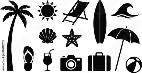Summer, beach, holiday, vacation, icons, set, including, palm, tree, sun, surfboard, umbrella, starfish, shell, camera, suitcase, drink, flip-flop, wave, and, chair.
