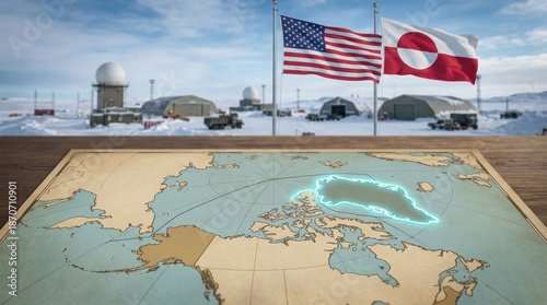 Vintage style arctic region map with a glowing Greenland outline sits on a wooden table before a blurred snowy military base with national flags Greenland and USA waving in the wind © David